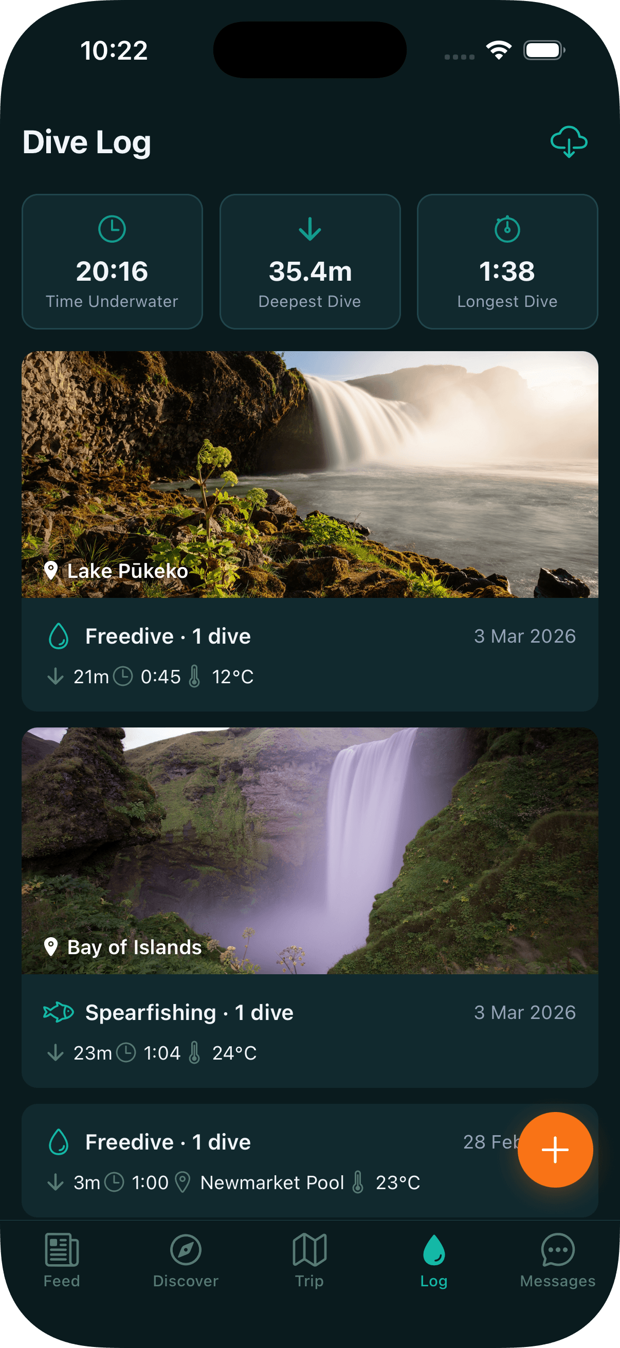 Dive log with session stats and dive history